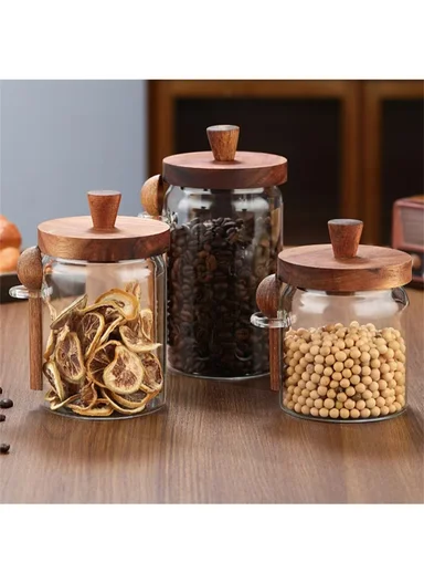 600ML Premium Glass Spice &amp; Food Storage Jar With Wooden Lid &amp; Spoon (D9 x H12)cm