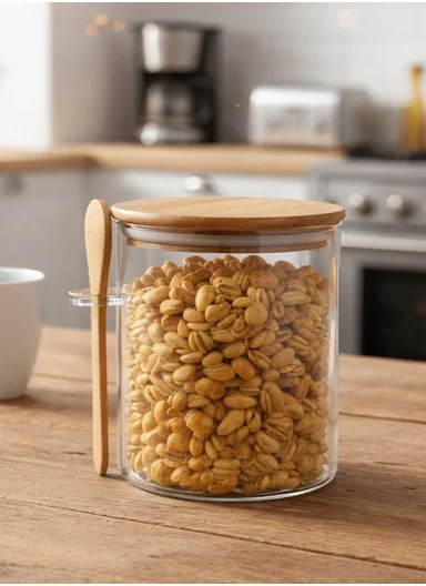 750ML Glass Storage Jar With Wooden Lid &amp; Spoon (D9.5 x H12)cm 