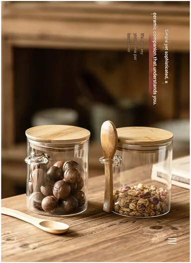 750ML Glass Storage Jar With Wooden Lid &amp; Spoon (D9.5 x H12)cm 