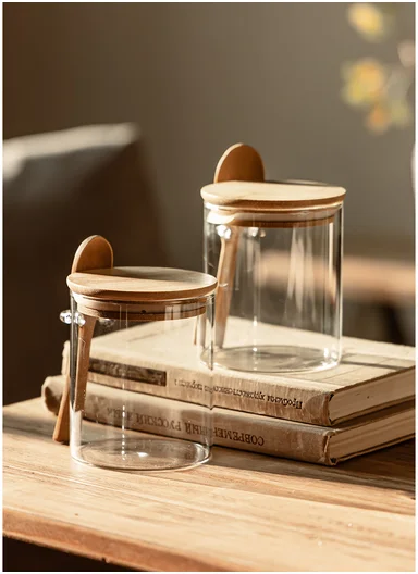 750ML Glass Storage Jar With Wooden Lid &amp; Spoon (D9.5 x H12)cm 