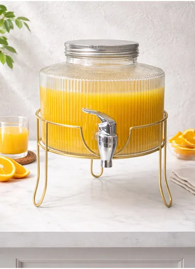 2.5L Premium Glass Beverage Dispenser With Tap &amp; Metal Stand - Gold