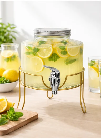 2.5L Premium Glass Beverage Dispenser With Tap &amp; Metal Stand - Gold