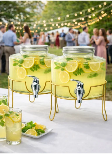 2.5L Premium Glass Beverage Dispenser With Tap &amp; Metal Stand - Gold