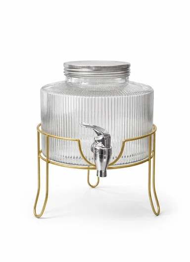 2.5L Premium Glass Beverage Dispenser With Tap &amp; Metal Stand - Gold