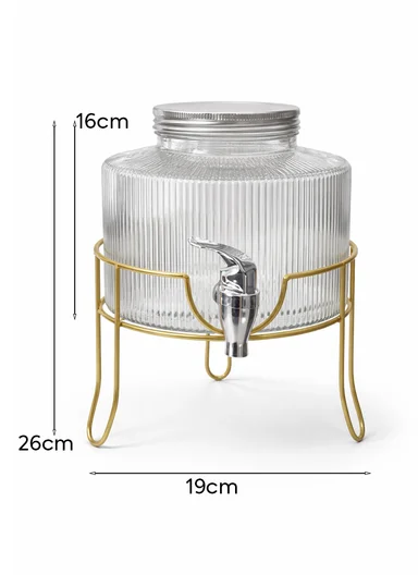 2.5L Premium Glass Beverage Dispenser With Tap &amp; Metal Stand - Gold