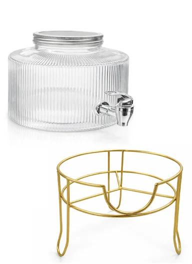 2.5L Premium Glass Beverage Dispenser With Tap &amp; Metal Stand - Gold