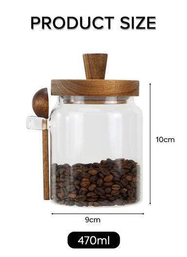 470ML Premium Glass Spice &amp; Food Storage Jar With Wooden Lid &amp; Spoon (D9 x H10)cm