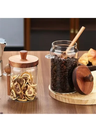 470ML Premium Glass Spice &amp; Food Storage Jar With Wooden Lid &amp; Spoon (D9 x H10)cm