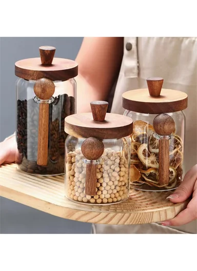470ML Premium Glass Spice &amp; Food Storage Jar With Wooden Lid &amp; Spoon (D9 x H10)cm