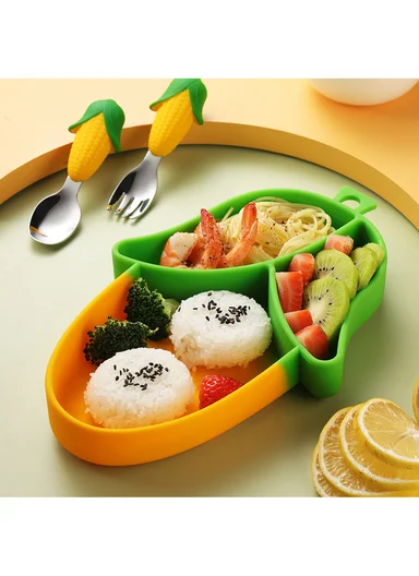 Kids Silicone Feeding Plate with Spoon, Fork &amp; Straw, Safe Toddler Utensil Set