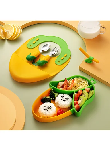 Kids Silicone Feeding Plate with Spoon, Fork &amp; Straw, Safe Toddler Utensil Set