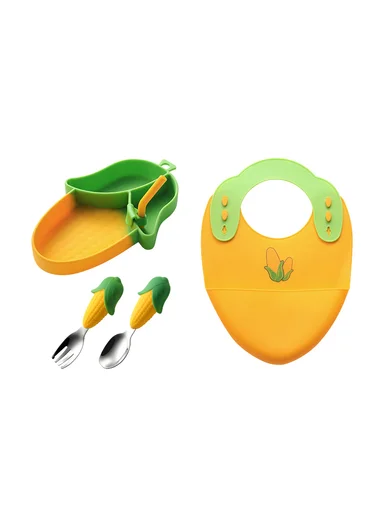 Kids Silicone Feeding Plate with Spoon, Fork &amp; Straw, Safe Toddler Utensil Set