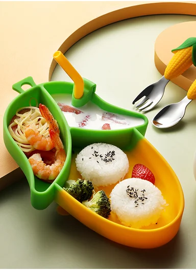 Kids Silicone Feeding Plate with Spoon, Fork &amp; Straw, Safe Toddler Utensil Set