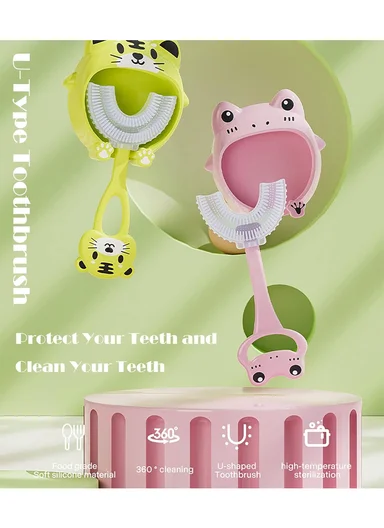 Cartoon Baby Toothbrush Children 360 Degree U Shaped Teeth Brush Oral Care Cleaning Brush Silicone Toothbrush for 2-12 Years Kids - Pink