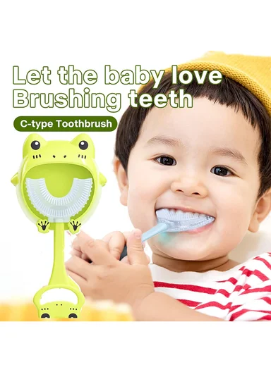 Cartoon Baby Toothbrush Children 360 Degree U Shaped Teeth Brush Oral Care Cleaning Brush Silicone Toothbrush for 2-12 Years Kids - Pink