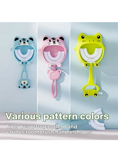 Cartoon Baby Toothbrush Children 360 Degree U Shaped Teeth Brush Oral Care Cleaning Brush Silicone Toothbrush for 2-12 Years Kids - Pink