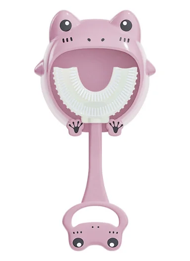 Cartoon Baby Toothbrush Children 360 Degree U Shaped Teeth Brush Oral Care Cleaning Brush Silicone Toothbrush for 2-12 Years Kids - Pink