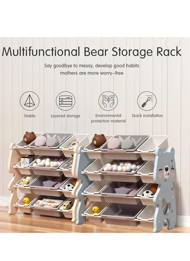 Kids Toy Storage Cabinet with Multiple Bins, Safe &amp; Easy-Access Plastic Shelf - Blue