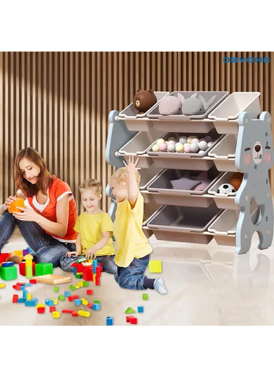 Kids Toy Storage Cabinet with Multiple Bins, Safe &amp; Easy-Access Plastic Shelf - Blue