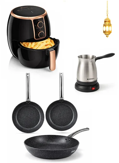 3-in-1 Kitchen Comfort Bundle, 3.7L Air Fryer + 1000W Turkish Coffee Electric Pot + 3Pcs Non-Stick Frying Pans