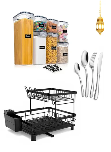 3-in-1 Complete Kitchen Starter Bundle, Cutlery + Storage Containers + 2-Tier Dish Drying Rack