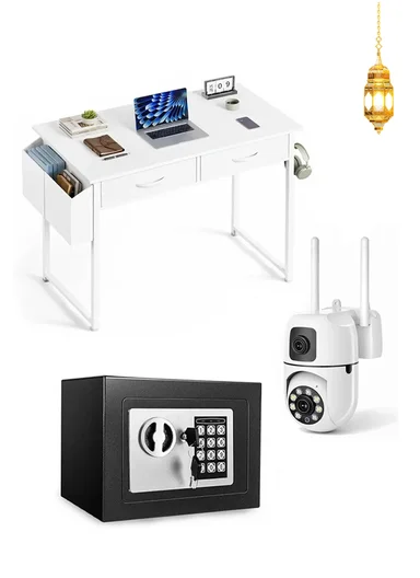 3-in-1 Home Office Suite: Modern 80cm Desk with Drawers, Digital Keypad Security Safe &amp; Dual-Lens 2K Wi-Fi PTZ Security Camera