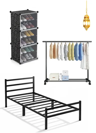 3-in-1 Home Organization Collection, Bed Frame, Rolling Clothes Rack &amp; Shoe Organizer Bundle