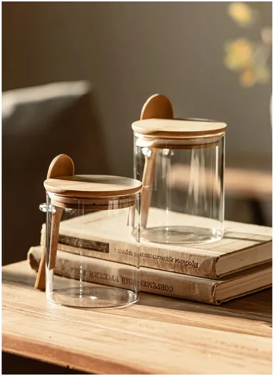 980ML Glass Storage Jar With Wooden Lid &amp; Spoon (D9.5 x H16)cm 