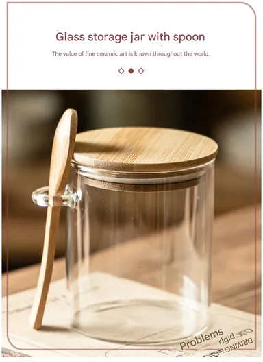980ML Glass Storage Jar With Wooden Lid &amp; Spoon (D9.5 x H16)cm 