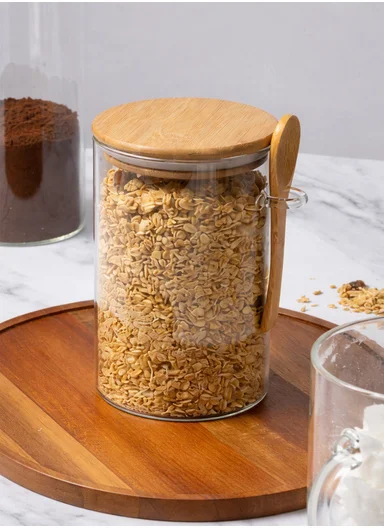 980ML Glass Storage Jar With Wooden Lid &amp; Spoon (D9.5 x H16)cm 