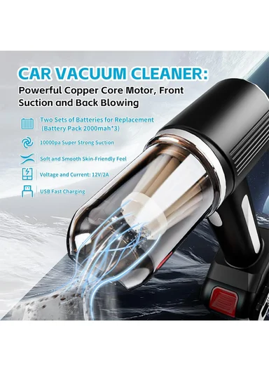 12V 10000Pa 50000rpm 2-In-1 Portable Handheld Cordless Car Vacuum &amp; Blower with 6000mAh Battery, 7 Suction/Blowing Accessories &amp; Intelligent Noise Reduction Feature for Car, Home, Office &amp; Pets MD-A3