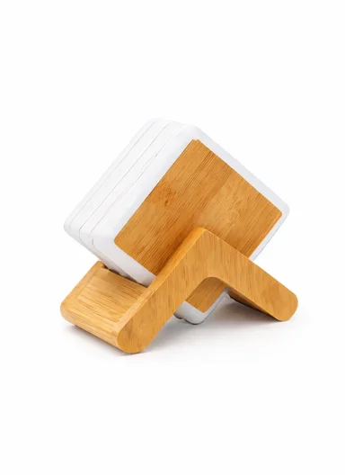 6-Pieces Bamboo Coaster Set with Stand SK-9340 - White