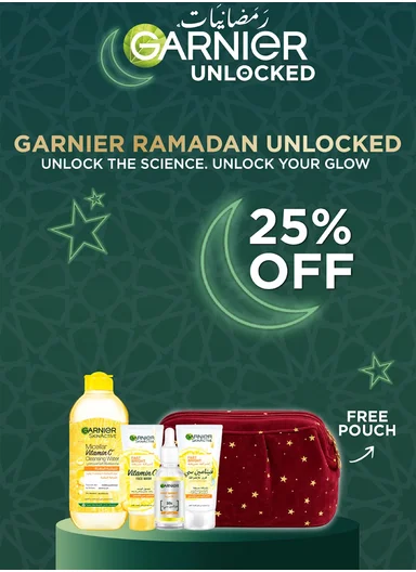 25% Discount: Garnier Fast Fairness Vitamin C Complete Brightening Skincare Bundle (Cleanser, Serum &amp; SPF Day Cream + Free Pouch)