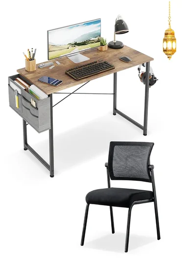 2-in-1 Office &amp; Home Workstation Set Vintage MDF Study Desk with Steel Frame &amp; Ergonomic Mesh Chair Bundle