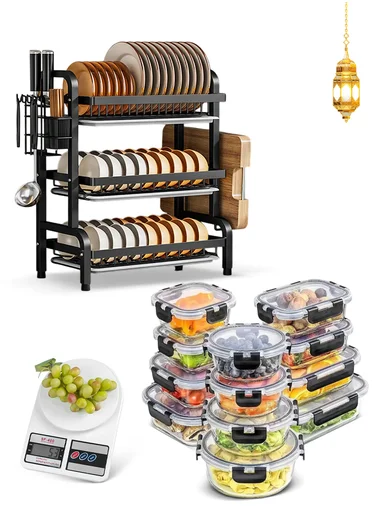 3-in-1 Complete Kitchen Organizer Set Dish Rack, Glass Containers &amp; Digital Scale