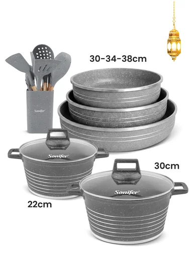 17Pcs Grey Granite Cookware &amp; Baking Bundle, 2 Casseroles (3L &amp; 7.5L) + 3Pcs Cake Pan Set + 12Pcs Silicone Utensil Kit