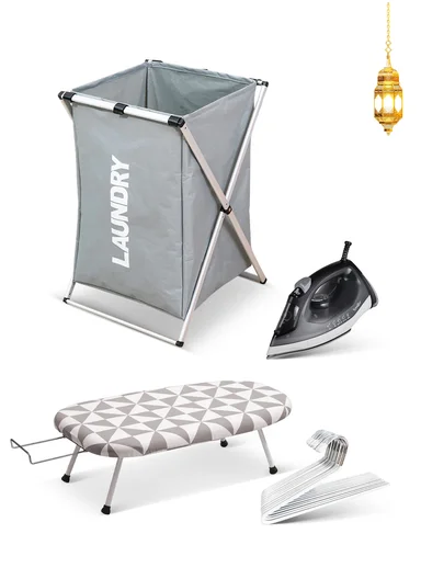 4-in-1 Laundry Essentials Bundle, 2400W Ceramic Steam Iron, Portable Tabletop Ironing Board, Foldable Clothes Basket &amp; 10 Z-Shaped Hangers