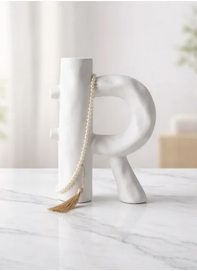 Letter “R” Ceramic Decorative Vase, 22cm Modern Sculptural Accent SK876 - White