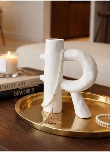 Letter “R” Ceramic Decorative Vase, 22cm Modern Sculptural Accent SK876 - White