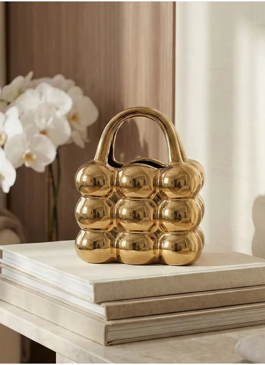Gold Handbag Ceramic Vase, Modern Bubble Design (L14 x W9.5 x H19)cm - SK863