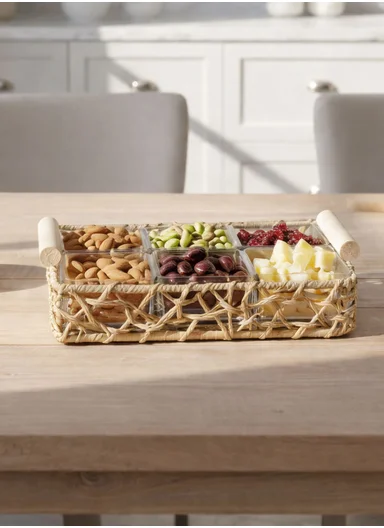 Rectangular Tray with 6-Piece Glass Snack Set with Straw Base SK972
