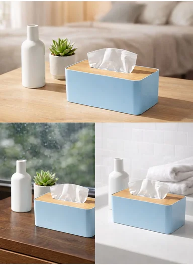 Tissue Box, ABS &amp; Bamboo, Modern Design SH-4003 - Blue