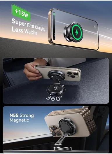 15W Magnetic Car Phone Holder Charger with Rotating Charging Pad, Fast Wireless Charging Magnetic Phone Mount JR-ZS423