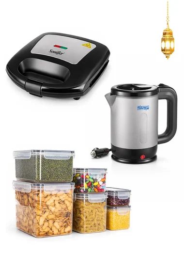 3-in-1 Everyday Kitchen Essentials Bundle, Sandwich Maker, Electric Kettle &amp; Plastic Lunch Box Set 