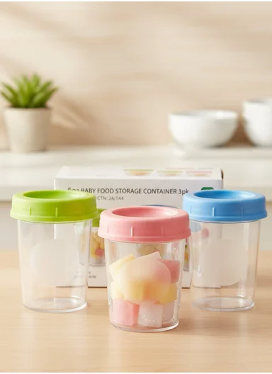 3Pcs 180 ml Baby Food Storage Containers with 3 Colors of Lids Pink ,Blue ,Green (D8 x H7.5) cm - Transparent