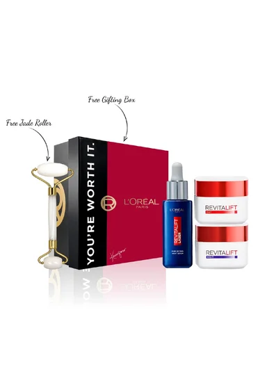 20% OFF: L’Oréal Paris Revitalift Anti-Wrinkle Skincare Gift Set (Serum, Day &amp; Night Cream) + Free Jade Roller &amp; Gift Box
