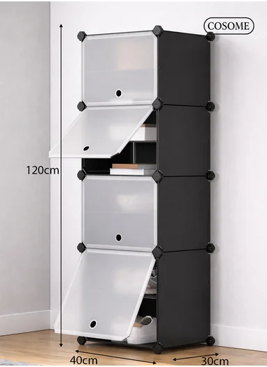 8-Layer 4 Cubes Shoe Rack Stand Plastic Storage Organizer Cabinet (W40 x D30 x H120)cm - Black