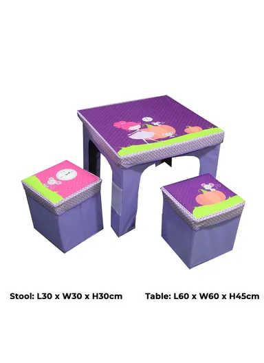 Children Kids Square Folding Cute Girl with 2 Mice Cartoon Design Table &amp; Chairs Stool Set Foldable Playroom Bedroom Children Gift - Purple &amp; Violet
