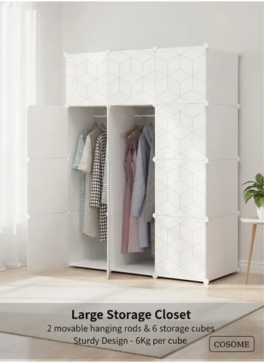 DIY Portable Closet Wardrobe Bedroom Storage Organizer with 2 Hanging Rods (W111 x D35 x H148)cm - White