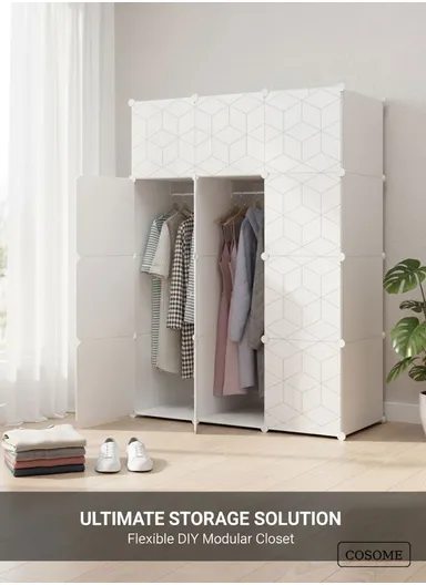 DIY Portable Closet Wardrobe Bedroom Storage Organizer with 2 Hanging Rods (W111 x D35 x H148)cm - White